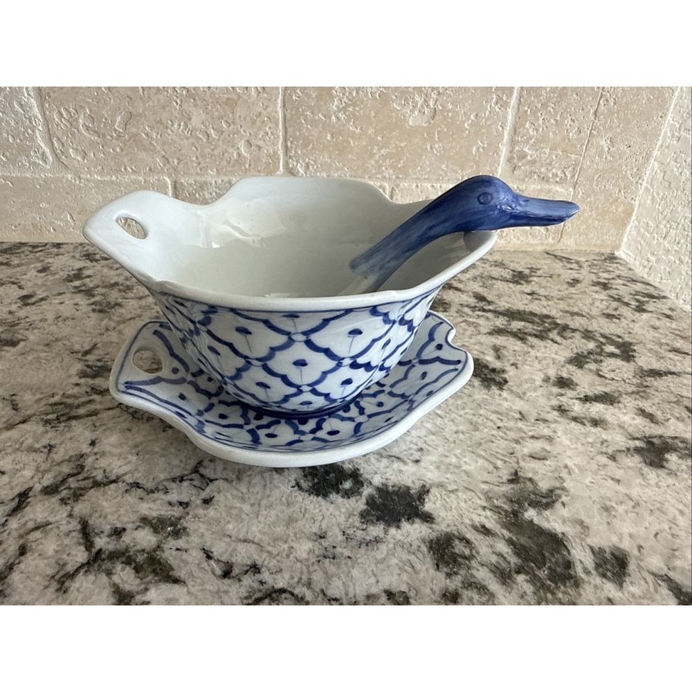 Unique Blue And White Sugar/Creamer Set With Duck Shaped Spoon